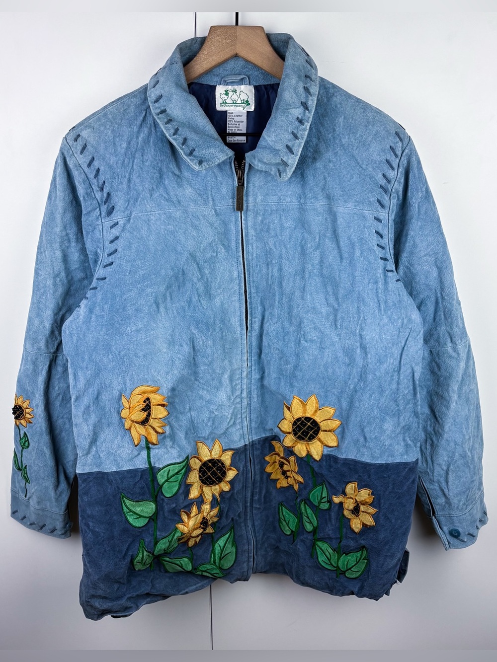 Vintage Suede Leather Sunflower Embroidered Blue Zip Jacket Autumn Cottagecore